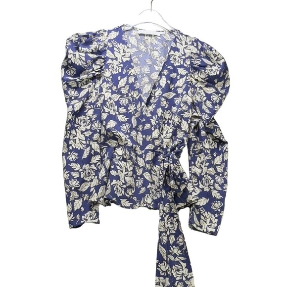 ASTR The LABEL Top Polyester Royal Blue Floral Attached Side Tie Wrap Puffed Gat - Picture 16 of 16